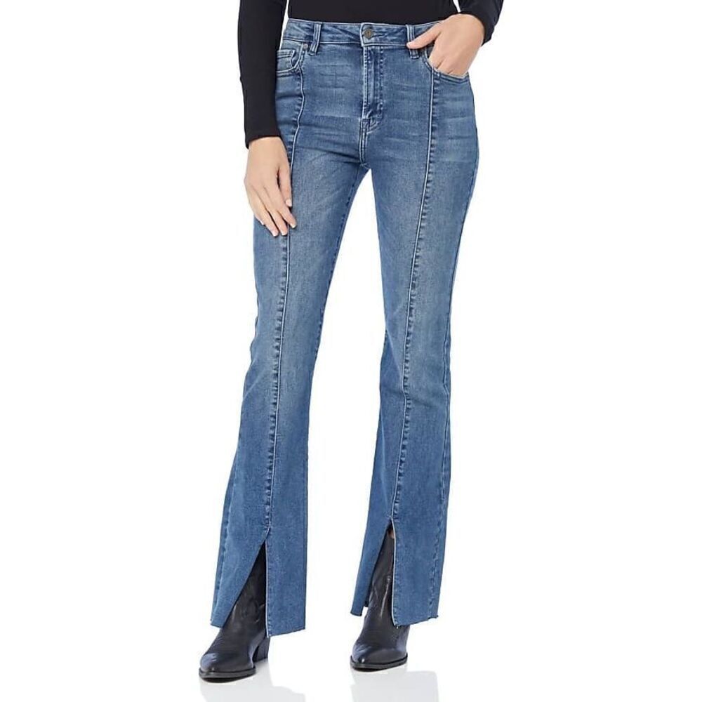 Hidden Happi Front Slit Flare Denim Jeans Medium Dark Wash Size 29 FLAWLESS cond